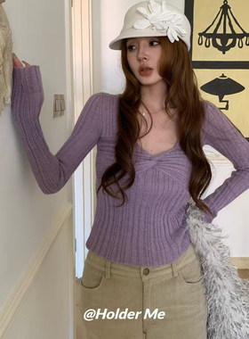 HOLDER十三行2025冬季新款韩系设计感扭结竖条V领长袖针织衫毛衣