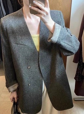 MOOTEA韩版气质宽松无领小西服2025春季新款法式复古百搭西装外套