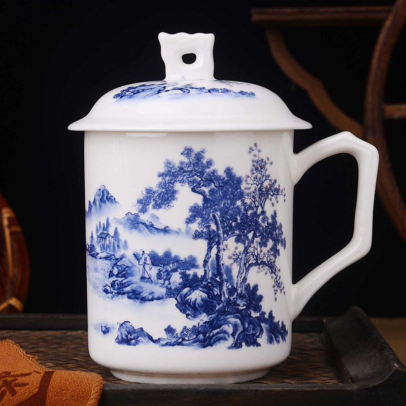 杯子定制 批发瓷器景德镇青花瓷 办公室家用中式陶瓷老板茶杯带盖
