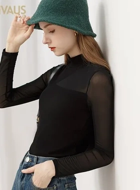 CANVAUS透视打底衫网纱春季女装FS401半高领一件性感新款拼接