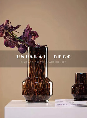 UNUSUAL DECO复古豹纹提耳玻璃花瓶装饰摆件客厅高级感插花瓶饰品