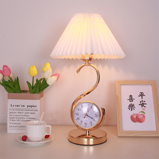 美式复古百褶台灯北欧网红温馨浪漫卧室床头灯日式民宿时钟装饰灯