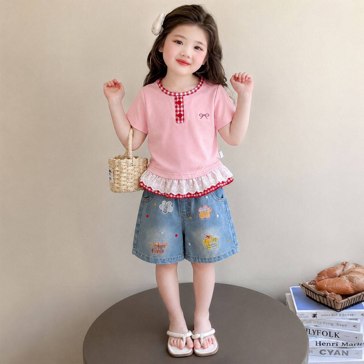 女童圆领粉色甜美套装夏季新款格T恤