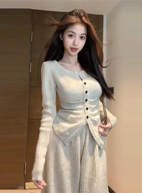 【XIAOBAWANG】深灰色针织套装女秋冬长袖开衫打底上衣阔腿裤套装