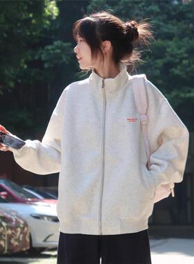 灰色卫衣外套女小个子2025新款秋季宽松休闲重磅运动拉炼开衫上衣