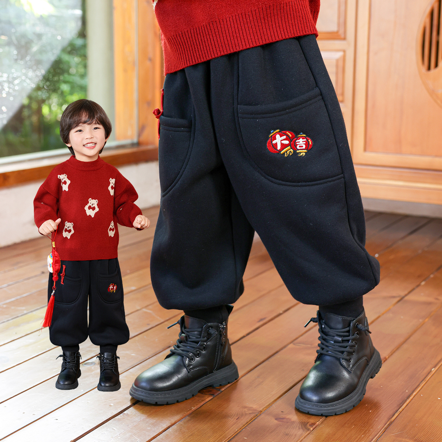 兰威丽洋宝宝裤子加绒加厚冬款男童卫裤新年拜年服儿童运动长裤