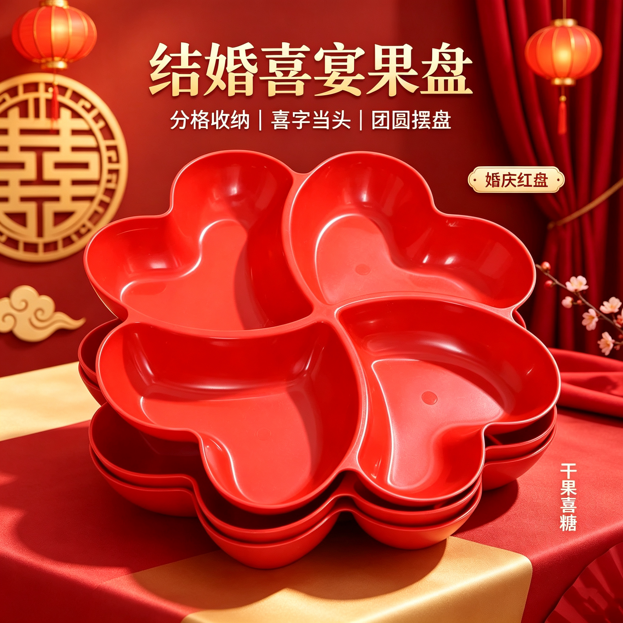 喜庆大红四格糖果干果盘
