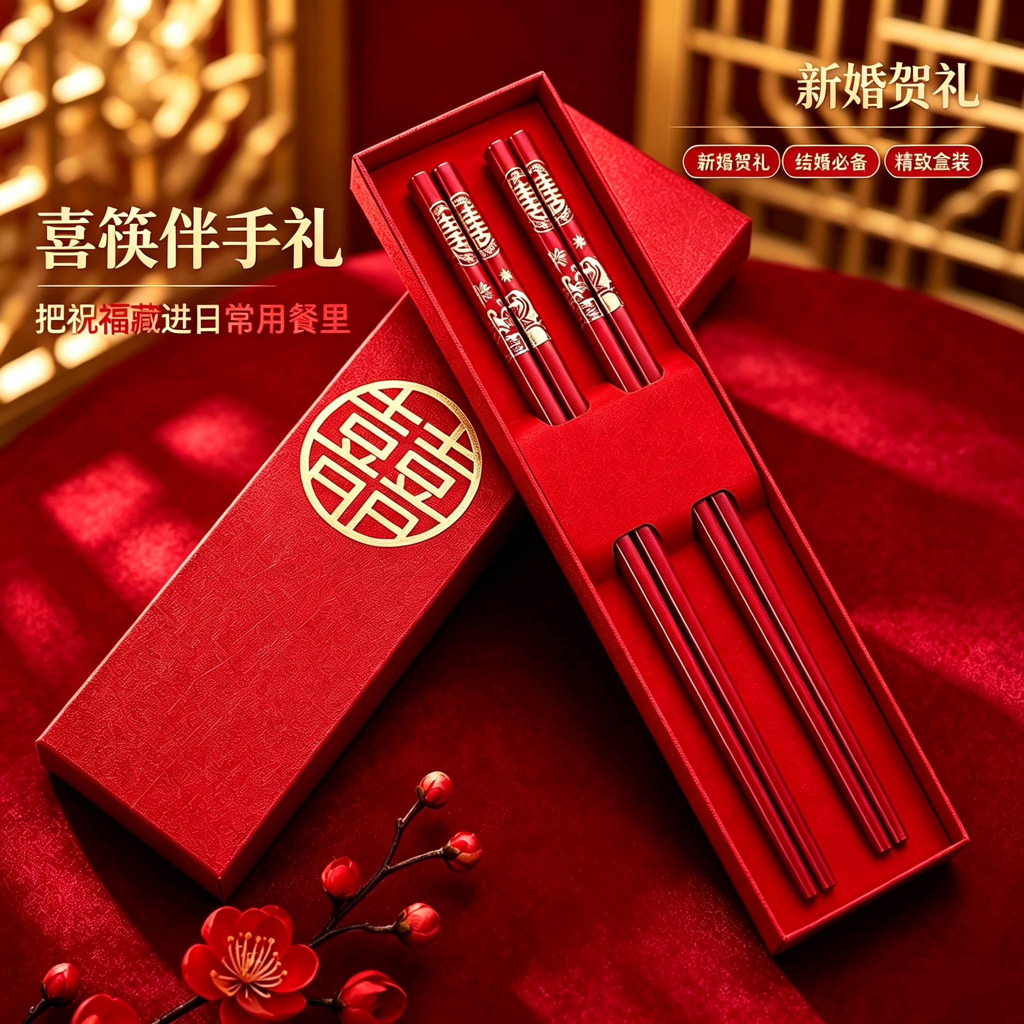 婚庆喜字红色防滑合金对筷礼盒
