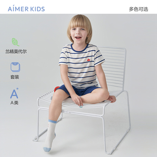 爱慕儿童家居服套装睡衣睡裤男孩童夏季新品中大童条纹莫代尔0碳