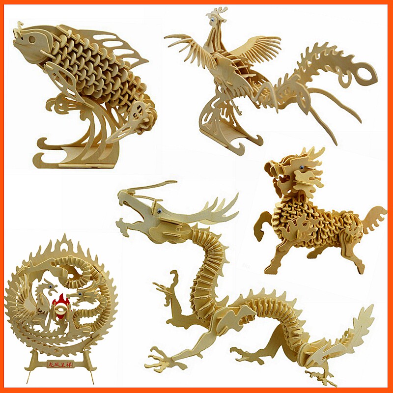 3d儿童木制拼图龙玩具益智积木成人木头拼装木质立体动物模型麒麟