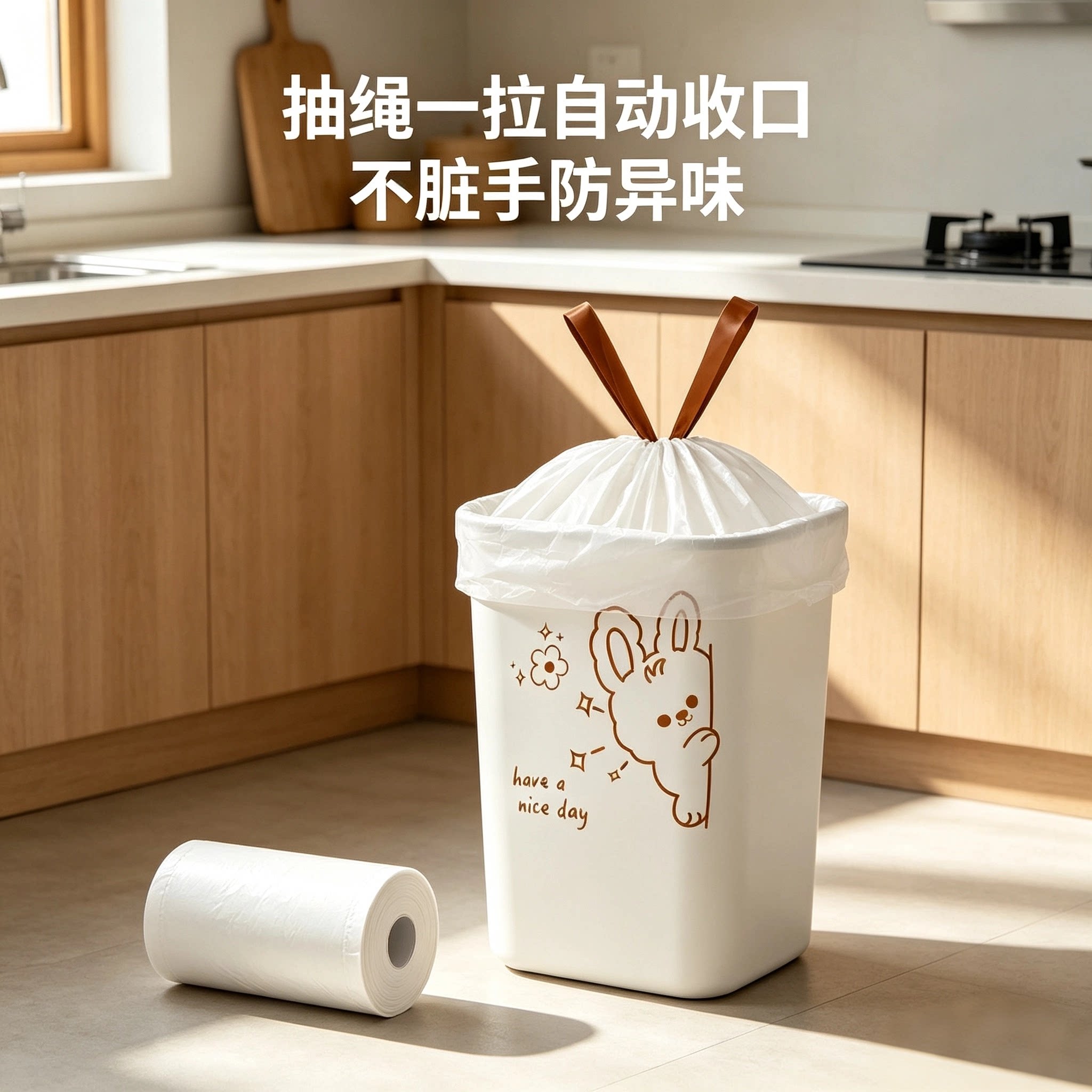 厨房抽绳垃圾袋家用加厚免撕手提 大号特厚防漏提手式实惠装袋