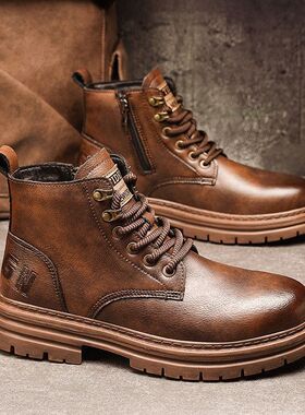 马丁靴男秋季高帮防水休闲鞋潮流百搭复古皮鞋英伦风工装短靴男鞋