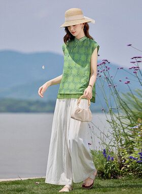 新中式国风套装女2025夏新款气质显瘦上衣妈妈减龄阔腿裤两件套