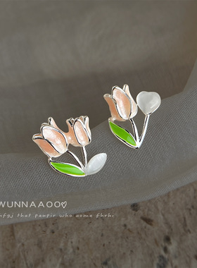 清新甜美通勤郁金香耳钉不对称玻璃猫眼石花朵感气质学生耳饰