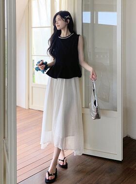ootd穿搭黑色背心半身裙套装女2025夏季新款大方得体高级感两件套