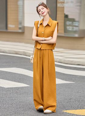 时尚短袖衬衫阔腿裤套装2女025夏新款韩系超火马甲休闲洋气两件套