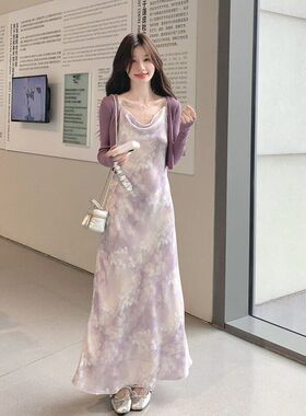 紫色浪漫巨好看碎花洋装套装女2025年秋季新款披肩吊带裙两件套