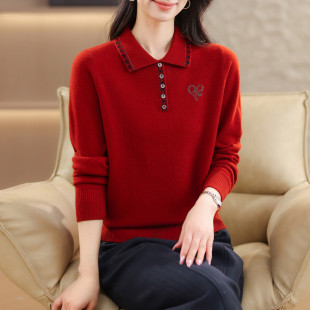 精致刺绣翻领女装纯羊毛POLO领毛衣女红色镶钻宽松通勤百搭打底衫