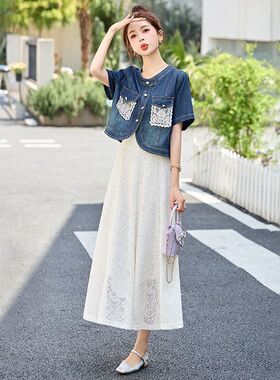 2025夏季新款甜美减龄时尚名媛蕾丝拼接牛仔外套修身吊带裙套装女