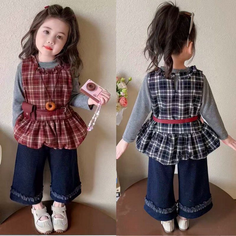 儿童装女童套装格子背心打底衫裤子包包四件套25春秋装新款外贸