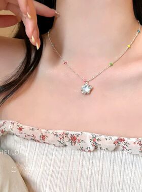 蓝色星星吊坠米珠串珠钛钢项链女小众设计颈链海边度假风锁骨链