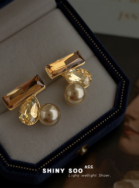 文艺复古时尚感中古风新款几何玻璃水晶工厂耳饰耳钉义乌饰品