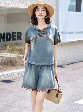 新中式休闲牛仔套装女2025夏装百搭小个子复古洋气减龄短裤两件套