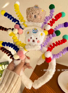 国潮醒狮趣味发箍彩色扭扭棒头饰可爱毛绒洗脸发卡高级感压发头箍