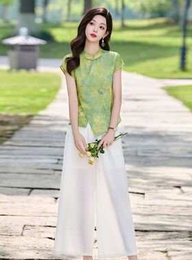 新中式国风套装女2026夏新款高级感立领盘扣上衣阔腿裤显瘦两件套