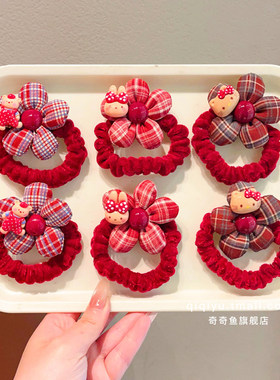 红色格纹新年头饰儿童头绳皮筋女童花朵发圈宝宝发绳韩高马尾发饰
