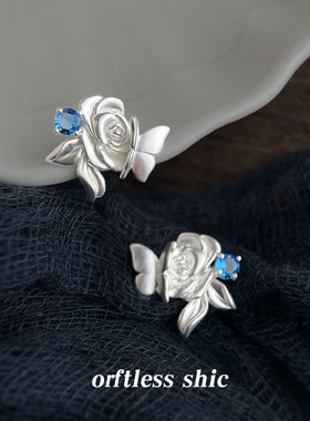 原创哑光蝴蝶玫瑰花国潮新中式小众设计新款耳饰工厂耳钉饰品货源