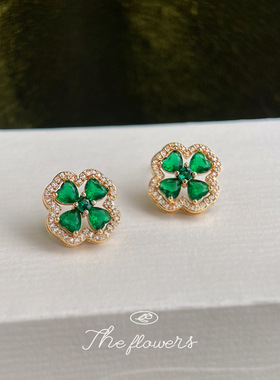 满锆！实物很闪镀银针镀14K祖母绿轻奢风幸运草几何耳饰工厂耳钉