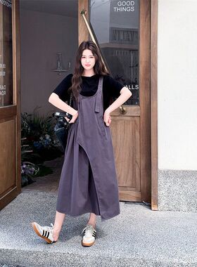 超火灰紫色工装背带裙套装女夏连衣裙文艺复古森系学院风两件套潮