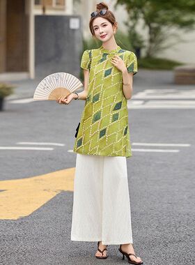 新中式国风套装女夏2025新款洋气减龄显瘦中长款上衣阔腿裤两件套