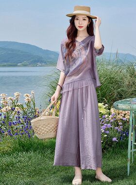 棉麻印花套装女2025夏季新款洋气减龄宽松显瘦休闲阔腿裤子两件套