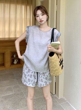 灰色韩系巨好看无袖背心套装女2025夏季小个子印花休闲短裤两件套