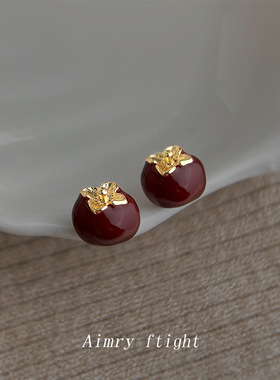 珐琅滴釉文艺复古港风柿柿如意耳钉小巧简约通勤酒红色耳饰供应链