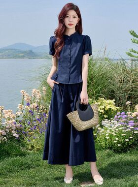 小香风气质复古套装女2025夏新款短袖收腰显瘦上衣阔腿裤裙两件套