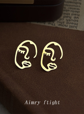 亮眸镀银针镀真金品质脸谱造型镂空小耳钉女韩国同款潮艺术耳环