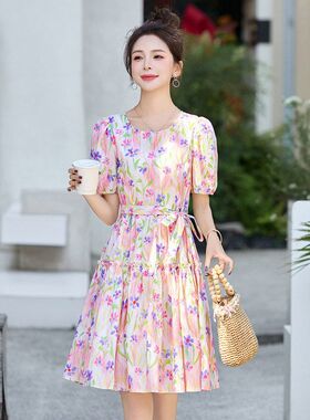 法式碎花连衣裙女2025夏季高级感复古油画风收腰遮肚子短款a字裙