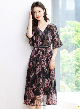 2025夏季女装新款时尚V领喇叭袖气质优雅修身印花连衣裙40817P120