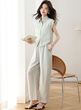 通勤松弛感亚麻无袖衬衫阔腿裤套装2026夏季新款简约休闲两件套