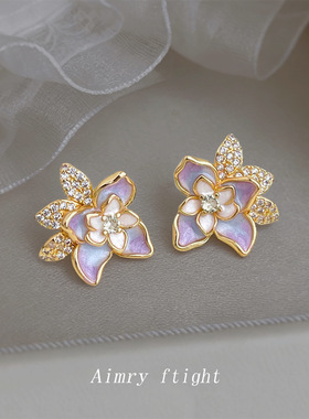 原创设计师珐琅滴釉手工彩绘立体花朵山茶花微镶锆石耳饰耳钉工厂