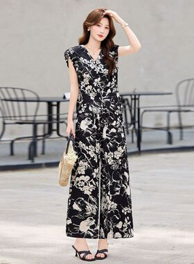 V领短袖植物花卉两件套女2026夏季新款时尚印花通勤气质减龄套装