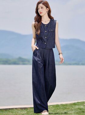 小香风牛仔马甲阔腿裤套装女2026新款夏薄款一整套穿搭休闲两件套