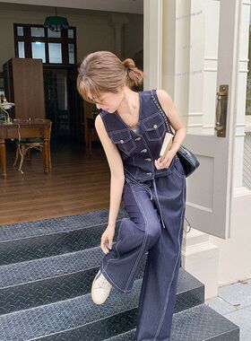 休闲牛仔马甲套装女夏季2025年新款无袖背心阔腿裤休闲两件套套装