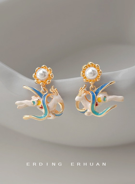 原创敦煌风文艺复古国潮新中式珐琅滴釉手工彩绘银针鹿耳饰耳环女