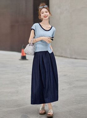 2025超火夏装一整套套装女蓝色短袖针织衫上衣搭配半身裙子两件套