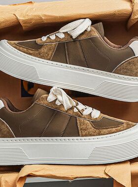 皮面纯色德训鞋男2026新款春季厚底板鞋男款增高松糕厚底休闲鞋子