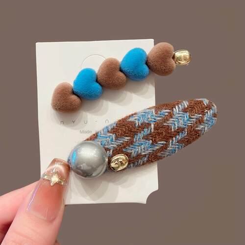气质爱心撞色发夹女蓝格新款高端前额侧边碎发刘海夹一字发卡头饰